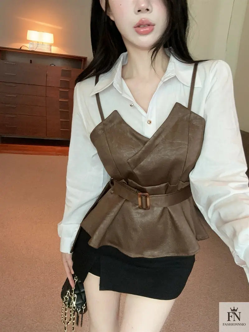 Fake Two-piece Belt Shirt Top - Fashionnsio
