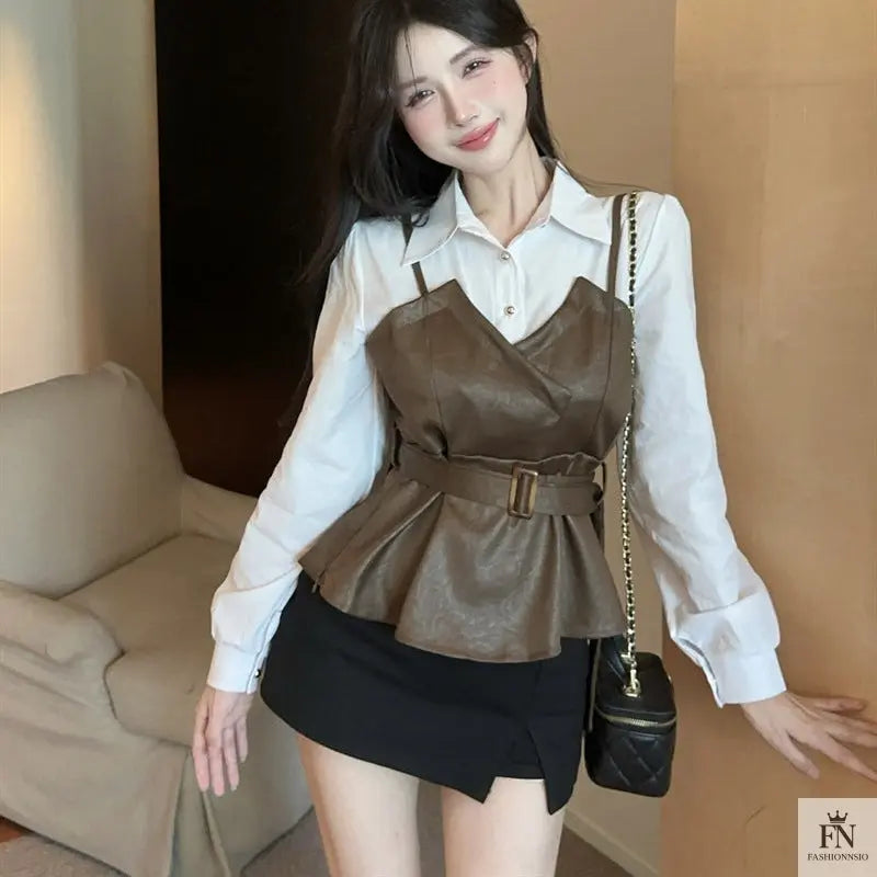 Fake Two-piece Belt Shirt Top - Fashionnsio