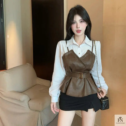 Fake Two-piece Belt Shirt Top - Fashionnsio