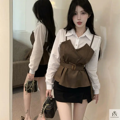 Fake Two-piece Belt Shirt Top - Fashionnsio