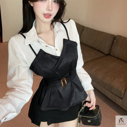 Fake Two-piece Belt Shirt Top - Fashionnsio