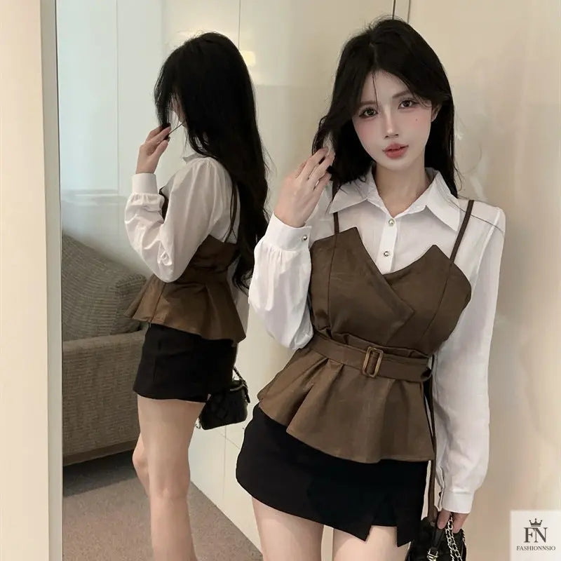 Fake Two-piece Belt Shirt Top - Fashionnsio