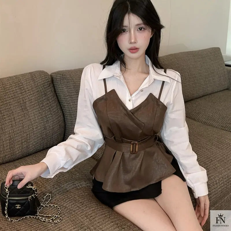 Fake Two-piece Belt Shirt Top - Fashionnsio