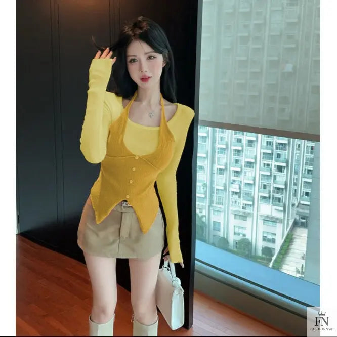 Fake Two-piece Long Sleeve Top - Fashionnsio