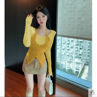 Fake Two-piece Long Sleeve Top - Fashionnsio