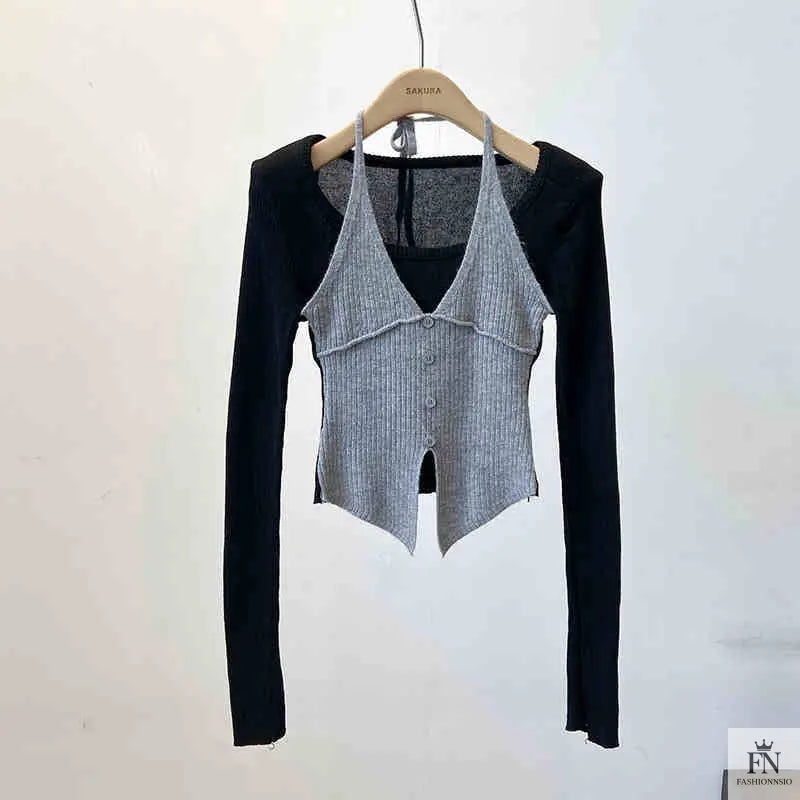 Fake Two-piece Long Sleeve Top - Fashionnsio