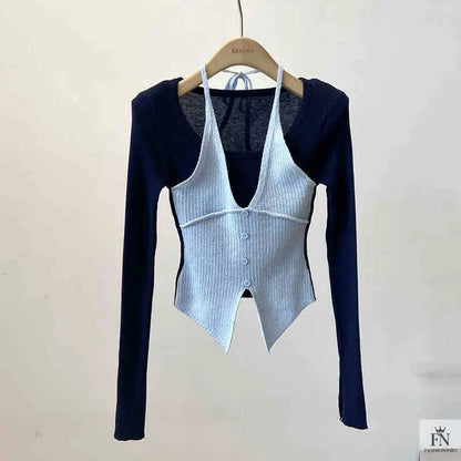 Fake Two-piece Long Sleeve Top - Fashionnsio