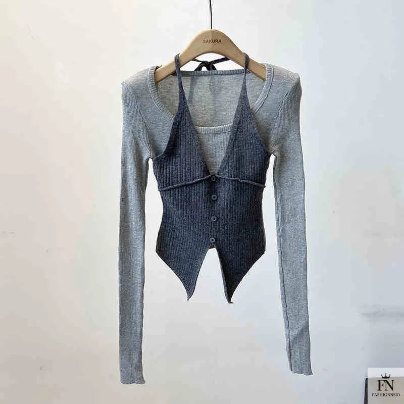 Fake Two-piece Long Sleeve Top - Fashionnsio