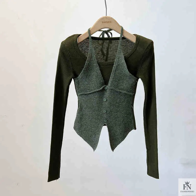 Fake Two-piece Long Sleeve Top - Fashionnsio