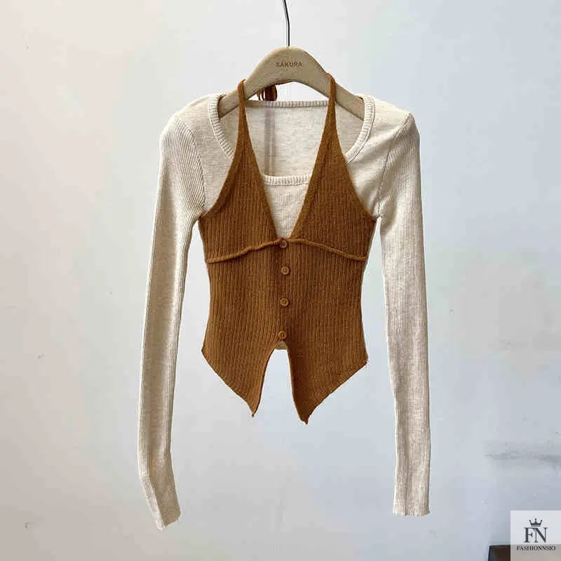 Fake Two-piece Long Sleeve Top - Fashionnsio
