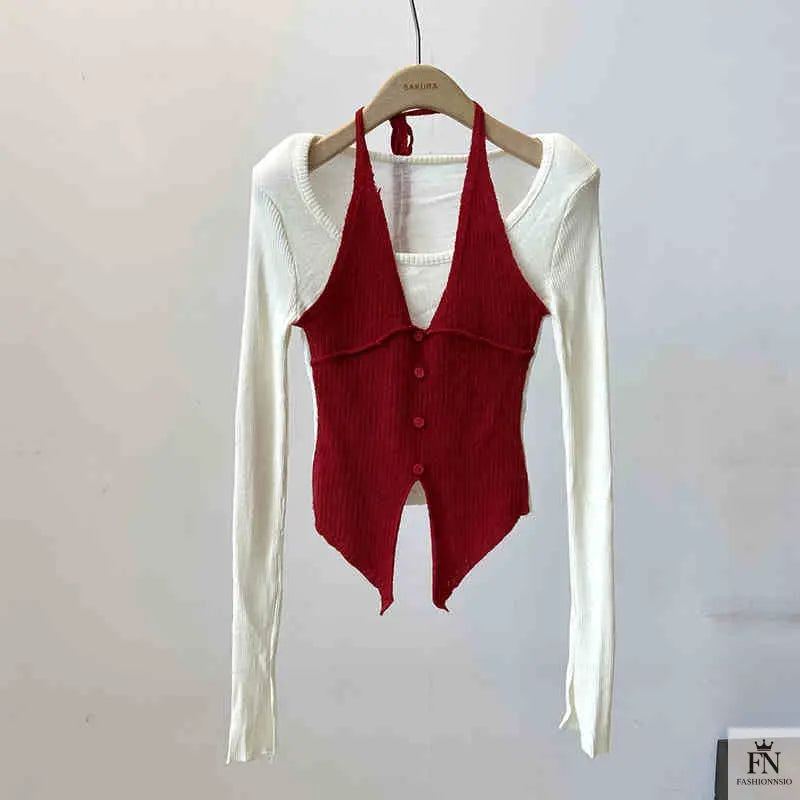 Fake Two-piece Long Sleeve Top - Fashionnsio
