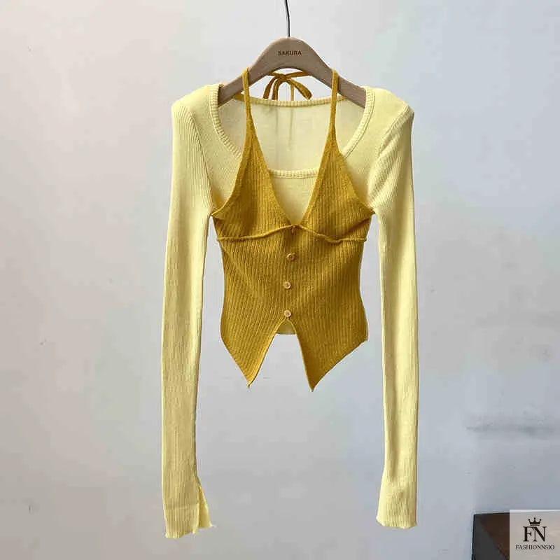 Fake Two-piece Long Sleeve Top - Fashionnsio