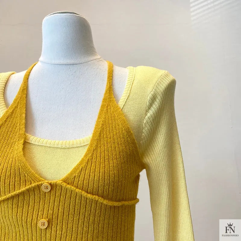 Fake Two-piece Long Sleeve Top - Fashionnsio