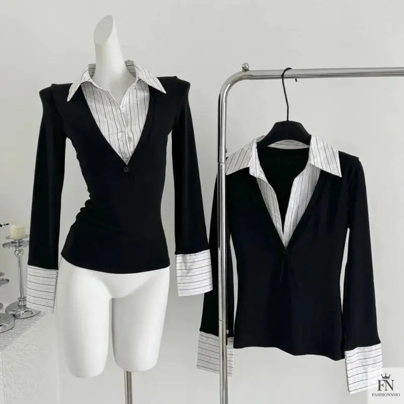 False Two Piece Lapel Women Shirt - Fashionnsio