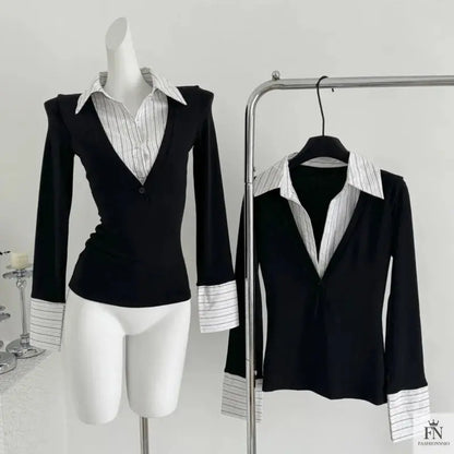 False Two Piece Lapel Women Shirt - Fashionnsio
