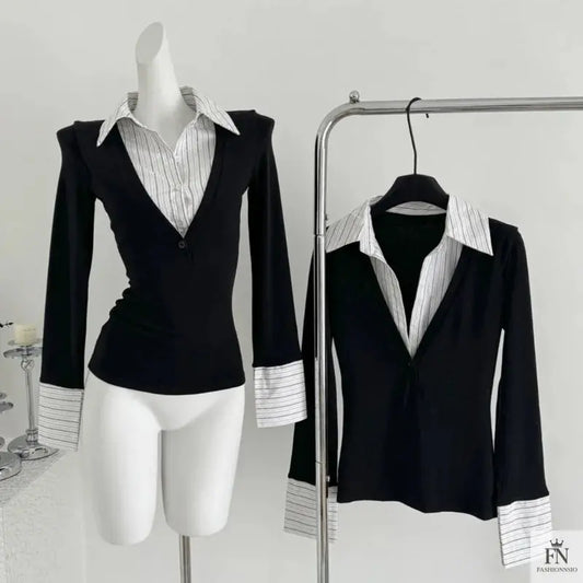 False Two Piece Lapel Women Shirt - Fashionnsio