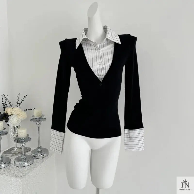 False Two Piece Lapel Women Shirt - Fashionnsio