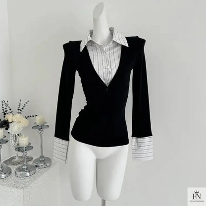 False Two Piece Lapel Women Shirt - Fashionnsio