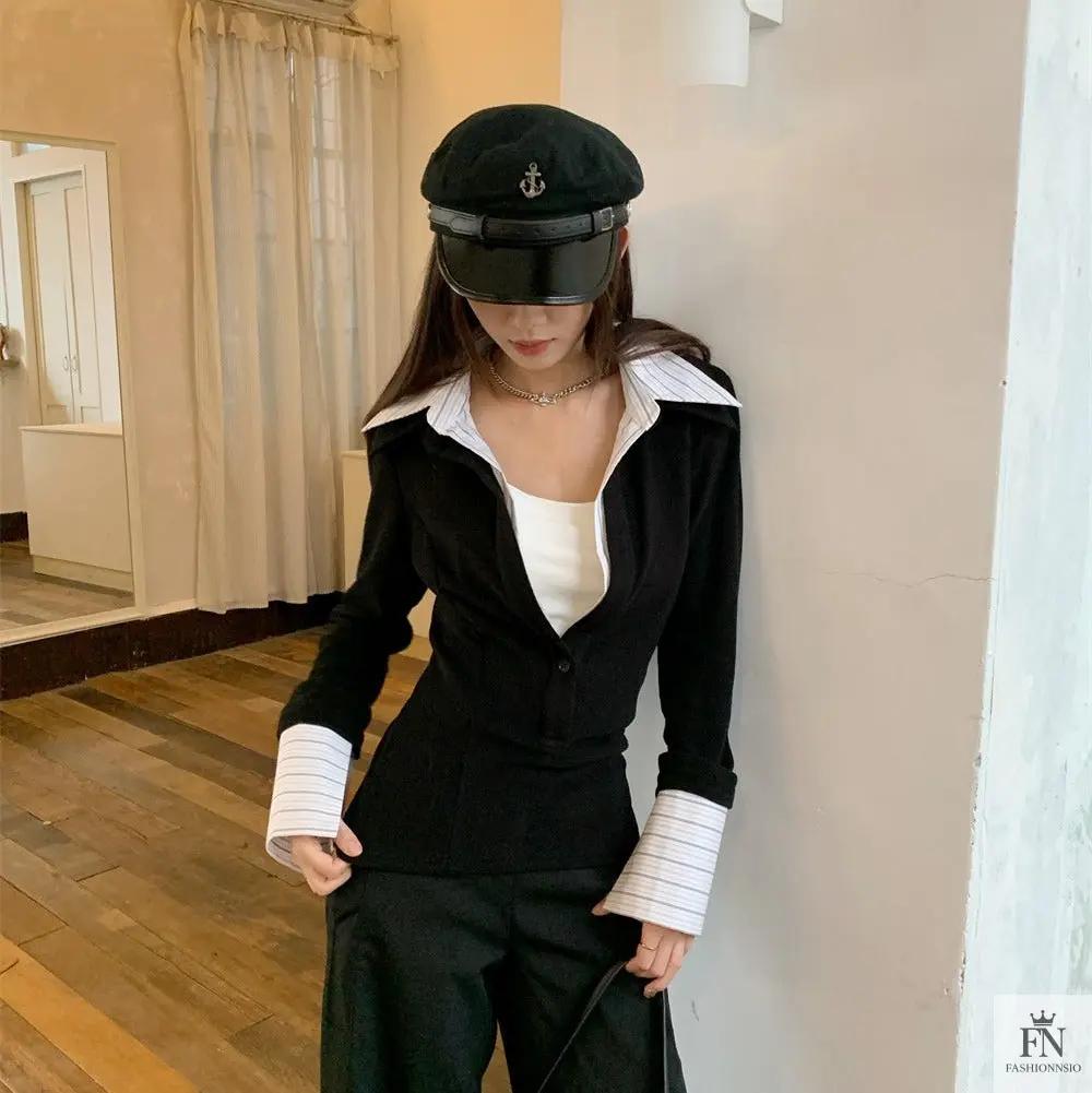 False Two Piece Lapel Women Shirt - Fashionnsio