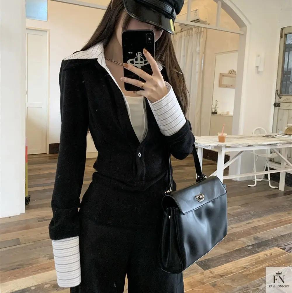 False Two Piece Lapel Women Shirt - Fashionnsio