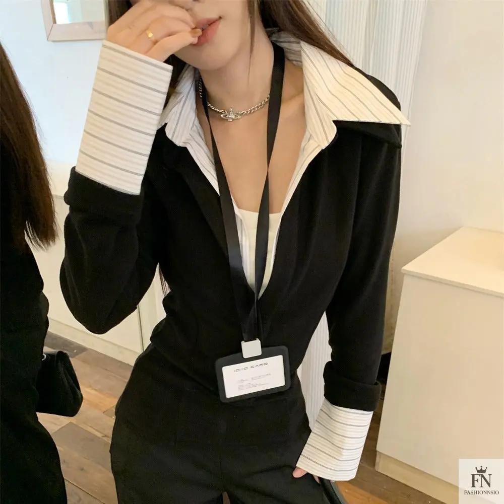 False Two Piece Lapel Women Shirt - Fashionnsio