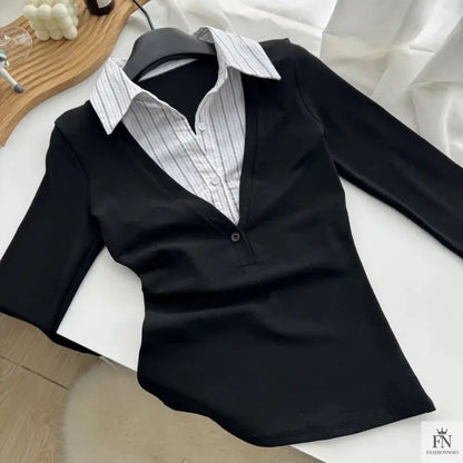 False Two Piece Lapel Women Shirt - Fashionnsio