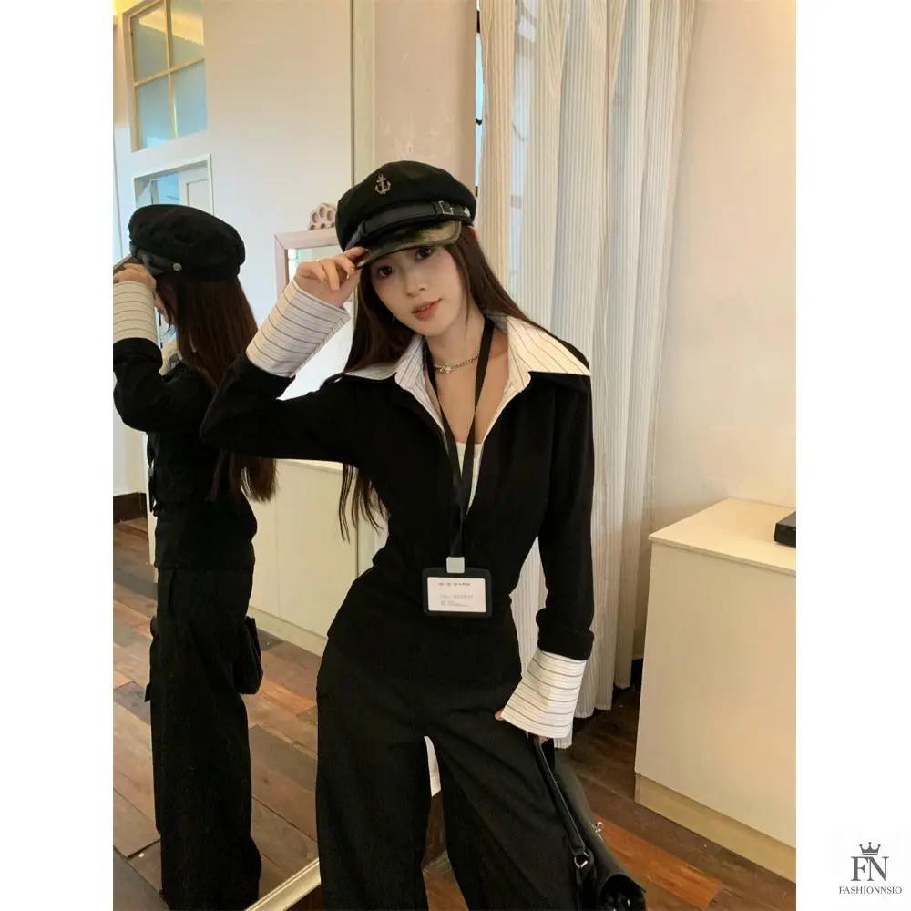 False Two Piece Lapel Women Shirt - Fashionnsio