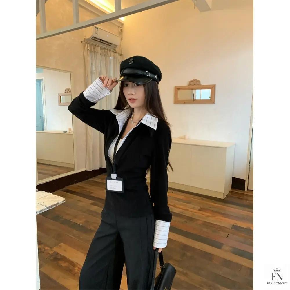 False Two Piece Lapel Women Shirt - Fashionnsio