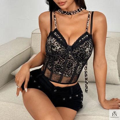Leopard Print Corset Top With Scarf - Fashionnsio