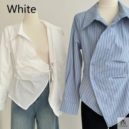 Striped Irregular Waist Fitted Shirts - Fashionnsio