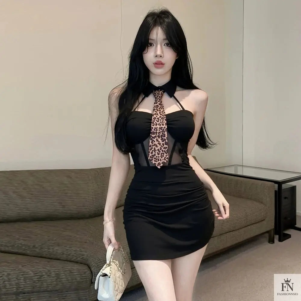 Leopard Print Tie Bodycon Dress - Fashionnsio