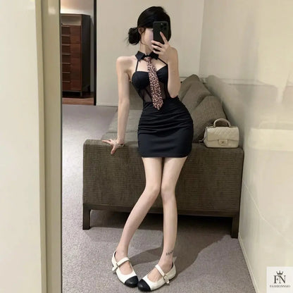 Leopard Print Tie Bodycon Dress - Fashionnsio