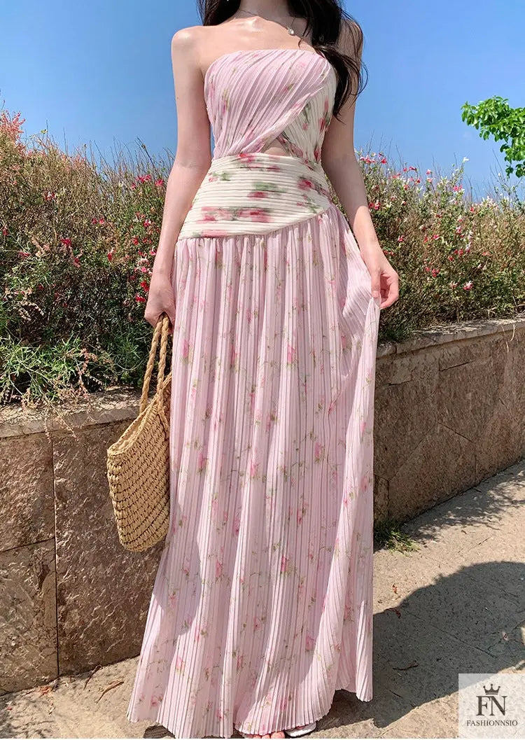 Figure Flattering Pleated Long Dress - Fashionnsio