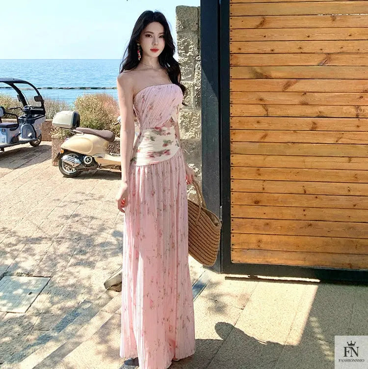 Figure Flattering Pleated Long Dress - Fashionnsio