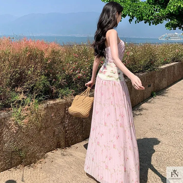 Figure Flattering Pleated Long Dress - Fashionnsio