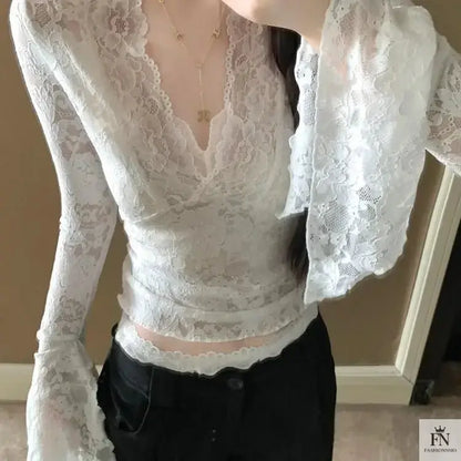 Flare Sleeve Lace Korean Top - Fashionnsio
