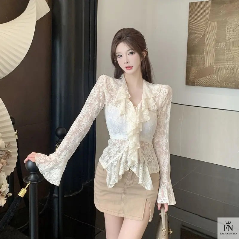 Flared Long Sleeve Ruffle Top - Fashionnsio