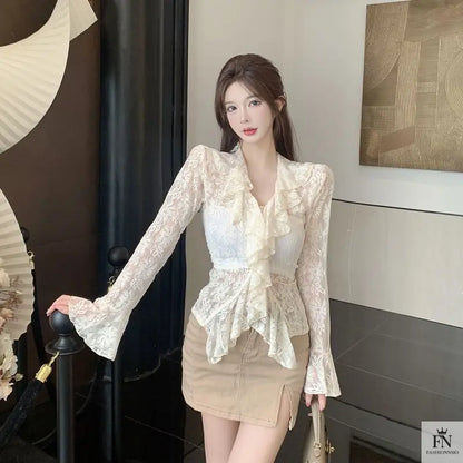 Flared Long Sleeve Ruffle Top - Fashionnsio
