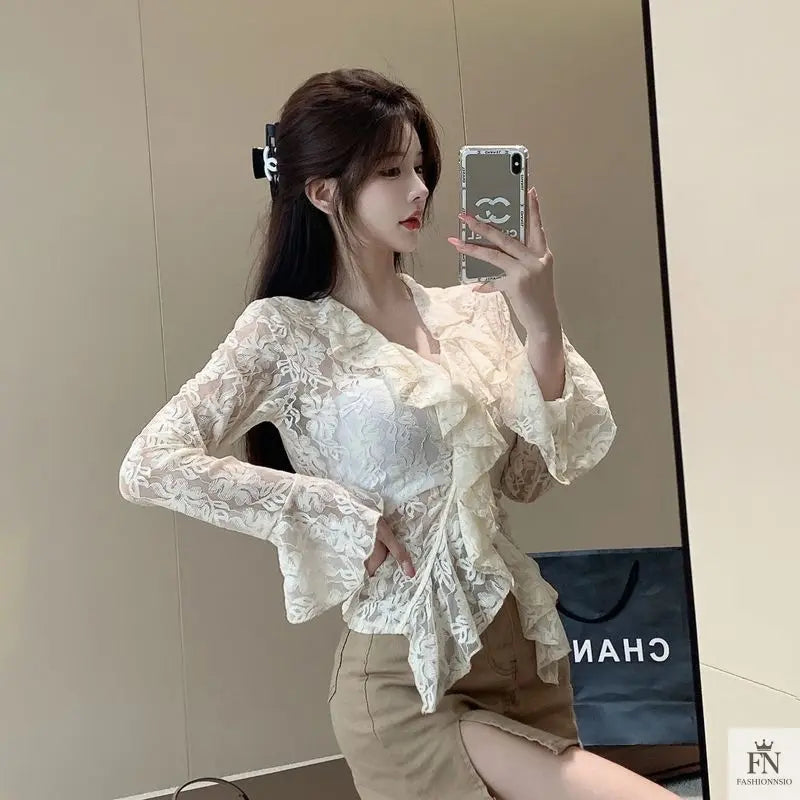 Flared Long Sleeve Ruffle Top - Fashionnsio