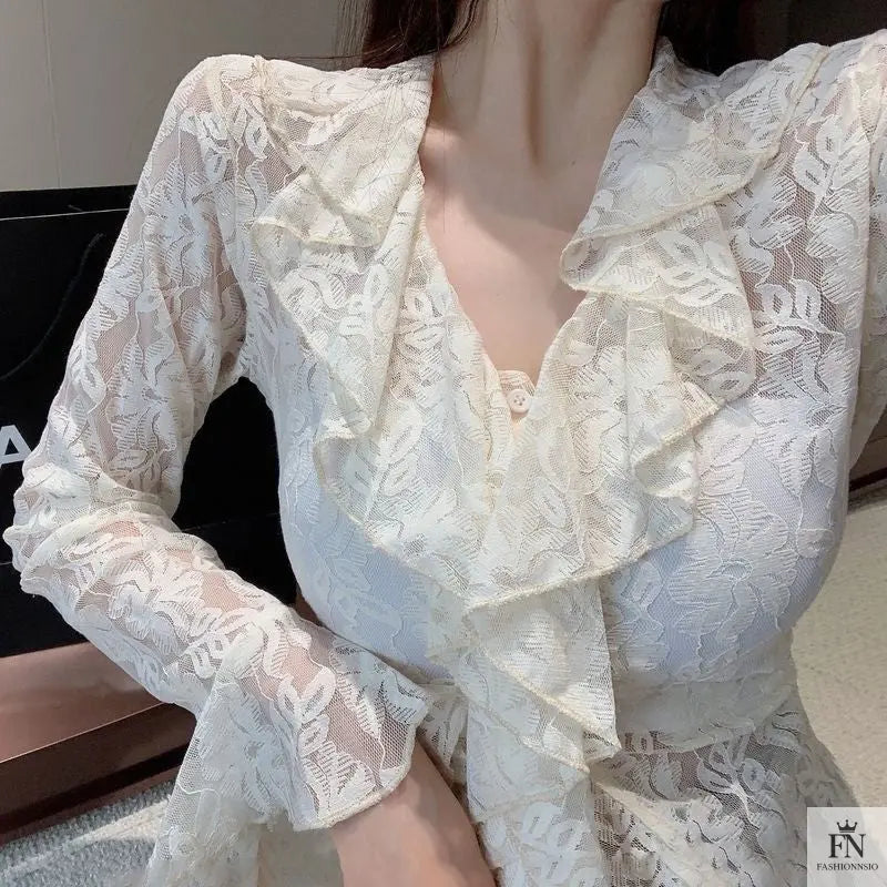 Flared Long Sleeve Ruffle Top - Fashionnsio