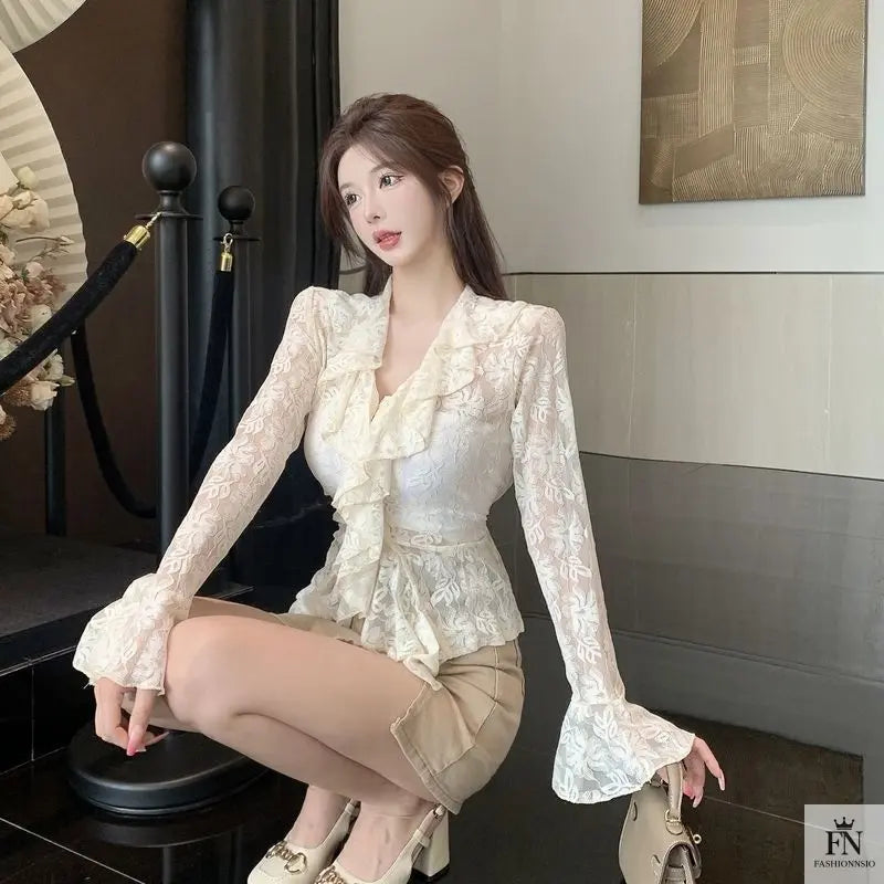Flared Long Sleeve Ruffle Top - Fashionnsio