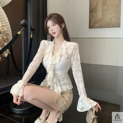 Flared Long Sleeve Ruffle Top - Fashionnsio