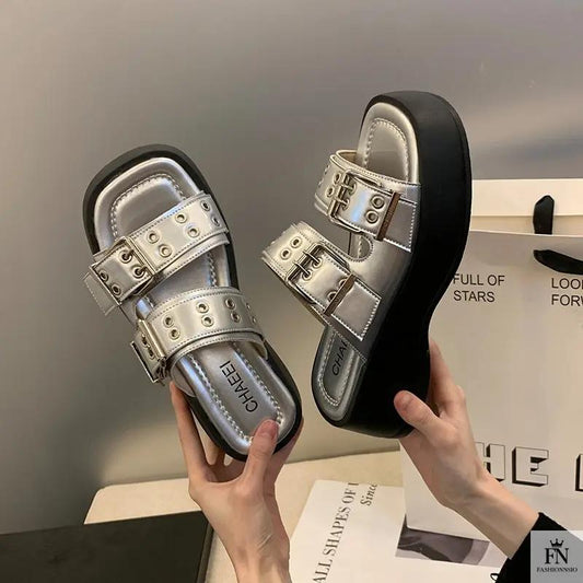 Metallic Straps Platform Flat Sandals - Fashionnsio
