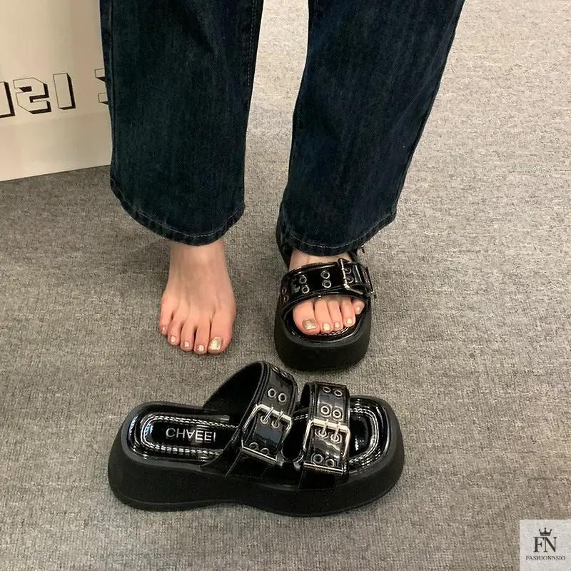 Metallic Straps Platform Flat Sandals - Fashionnsio
