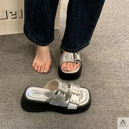 Metallic Straps Platform Flat Sandals - Fashionnsio