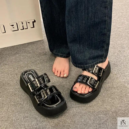 Metallic Straps Platform Flat Sandals - Fashionnsio