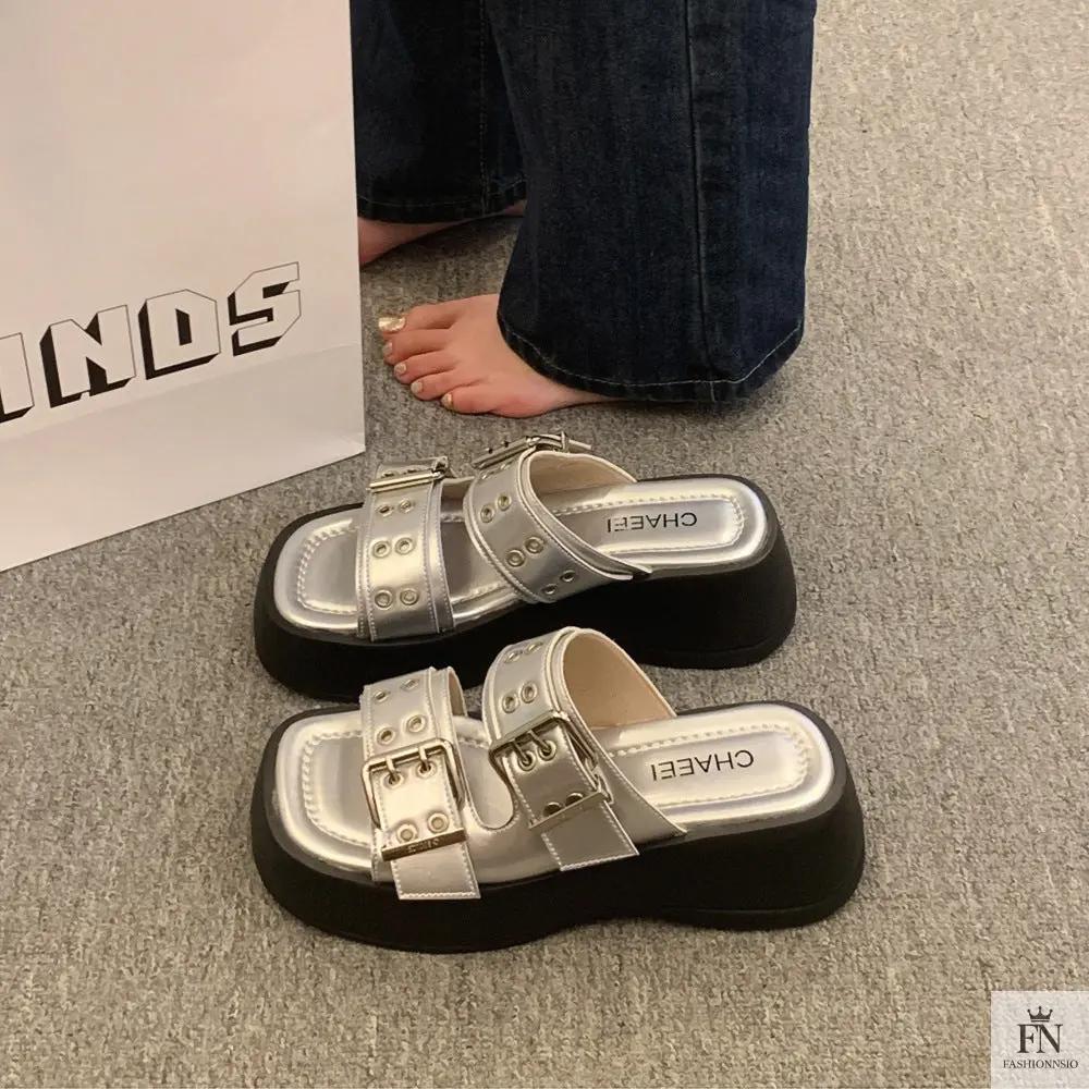 Metallic Straps Platform Flat Sandals - Fashionnsio