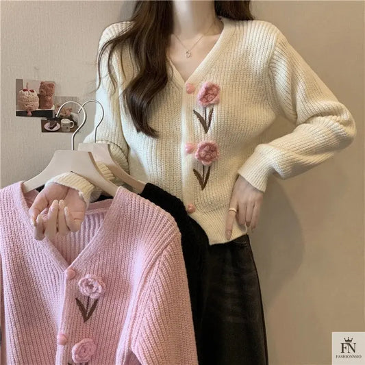 Floral Embellish Knitted Cardigan Top - Fashionnsio