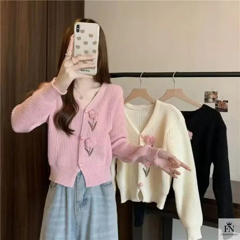 Floral Embellish Knitted Cardigan Top - Fashionnsio