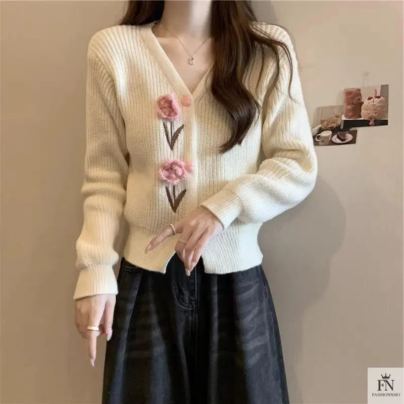 Floral Embellish Knitted Cardigan Top - Fashionnsio